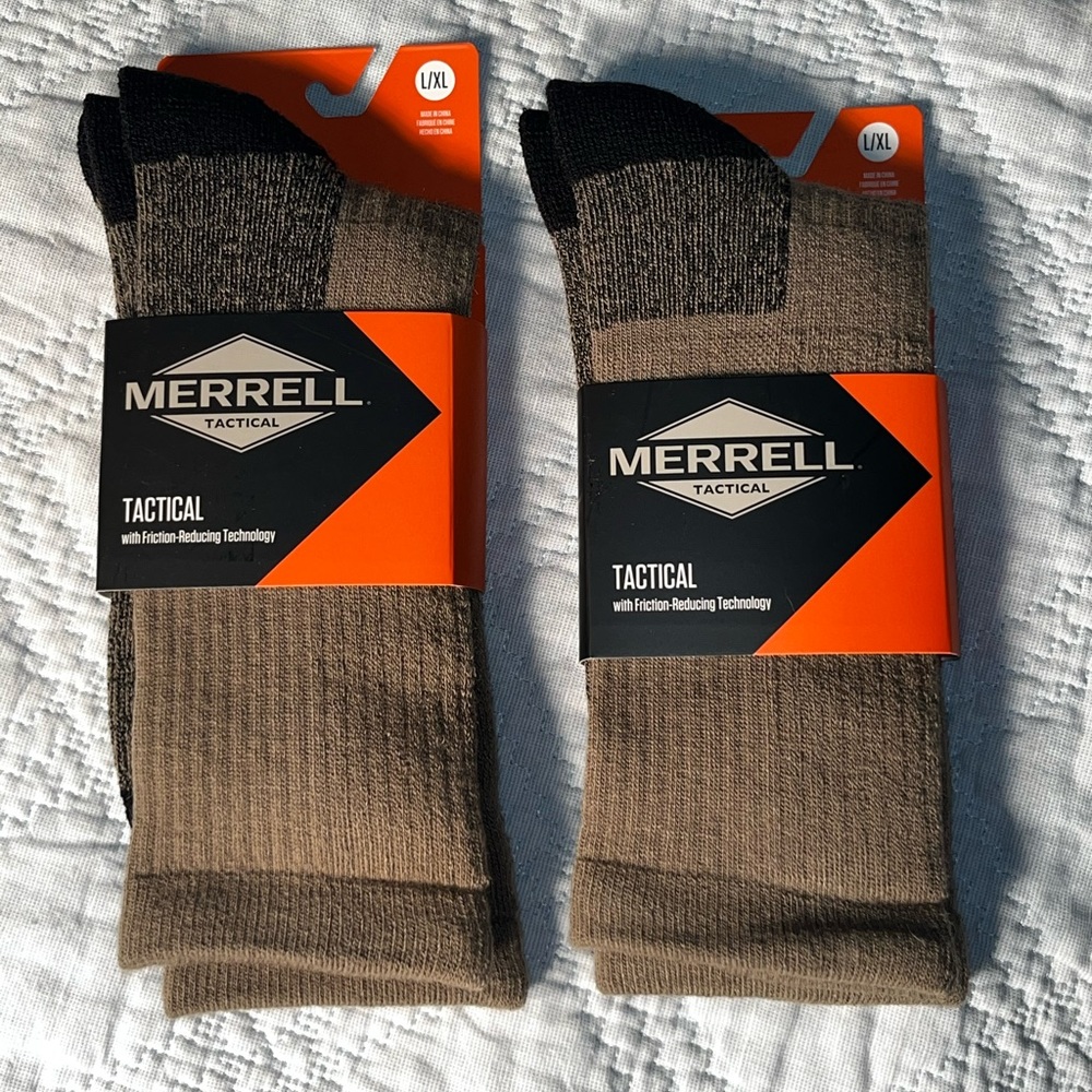 Men’s Lot of 2 Pairs MERRELL Tactical Wool Blend Crew Socks Unisex L/XL 12.5-15